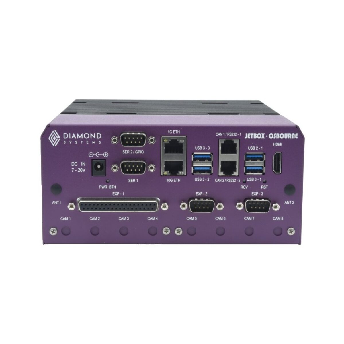 Diamond Systems JETBOX-OSBOURNE industrial Jetson AGX Orin box PC, front panel with RJ45, USB, HDMI, DB9, DB37 and CAM ports