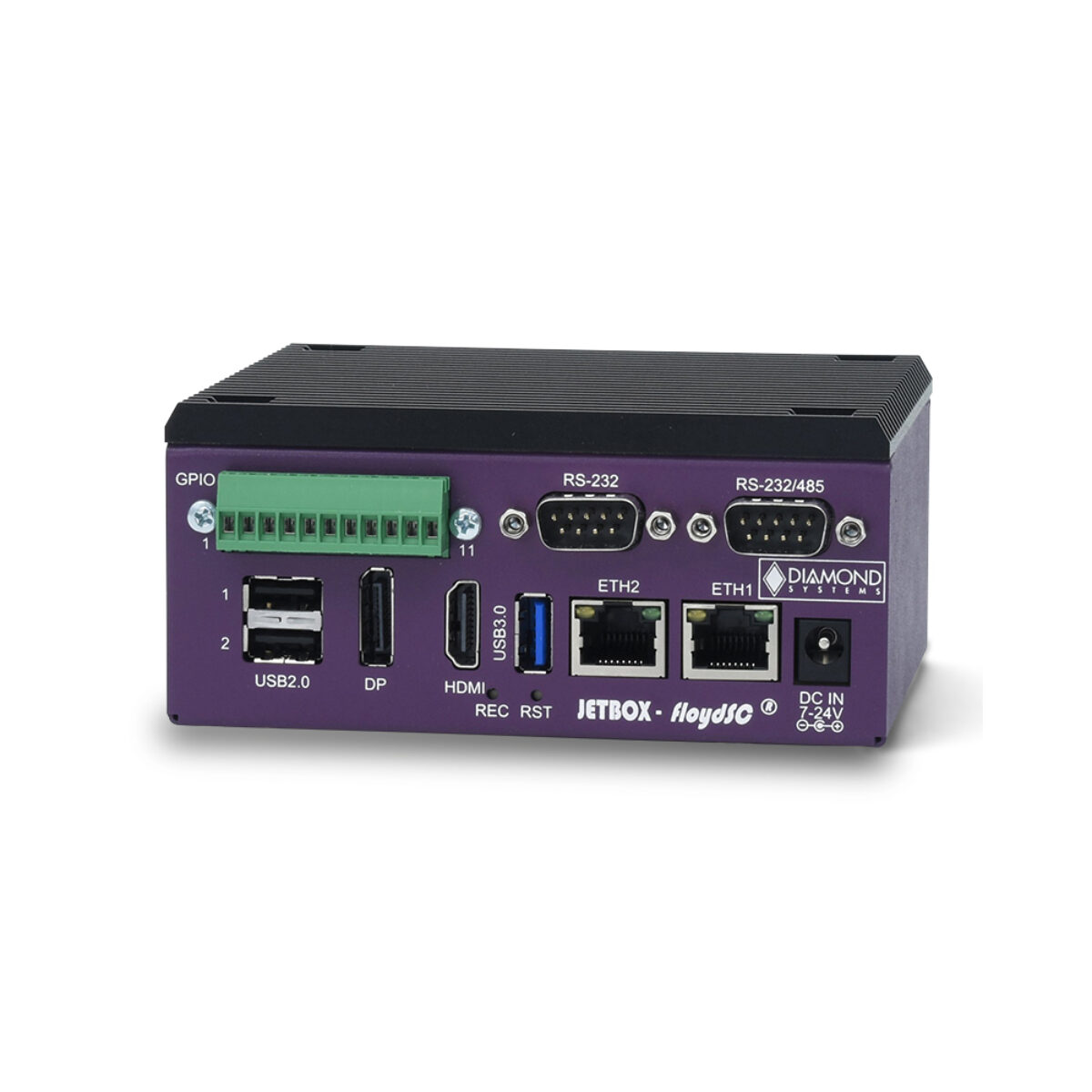 Diamond Systems JETBOX FLOYD-SC industrial Jetson box PC, angled front with GPIO terminal block, two DB9, USB, DP, HDMI, LAN