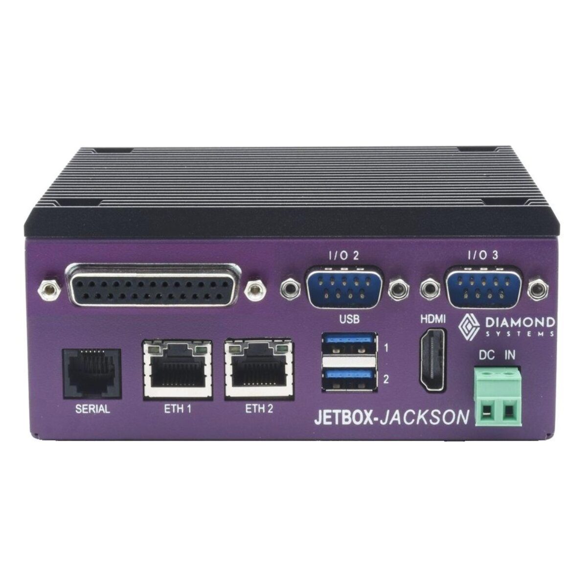 Diamond Systems JETBOX-JACKSON fanless DIN rail PC, front panel with DB-25, two DB-9, dual Ethernet, USB, HDMI and DC input
