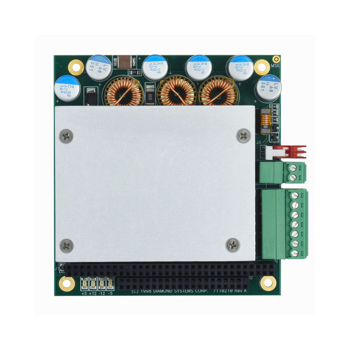 Diamond Systems JUPITER-MM PC/104 DC/DC power supply, top view with heat spreader, screw terminals and stack connector