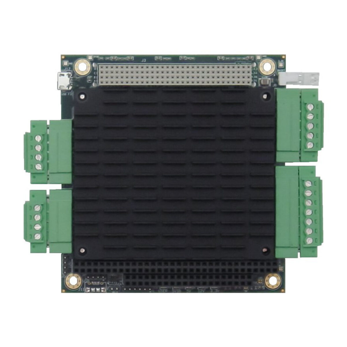 Diamond Systems JUPITER-MM-5000 PC/104-Plus DC/DC power supply, top view with black heatsink and four screw terminal blocks
