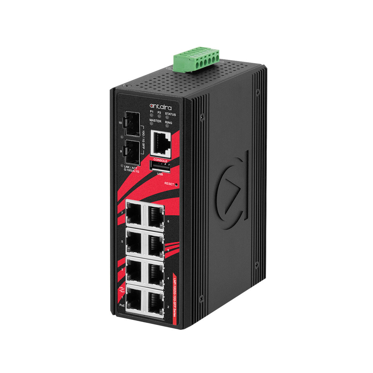 Antaira LMP-1002G-10G-SFP industrial managed PoE switch, front view with eight RJ45 ports, two SFP+ slots and console port