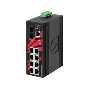 Antaira LMP-1002G-10G-SFP industrial managed PoE switch, front view with eight RJ45 ports, two SFP+ slots and console port