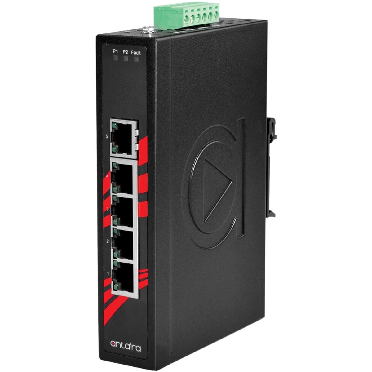 Antaira LNX-500AG DIN-rail Ethernet switch, angled front view with five RJ45 ports and power LEDs