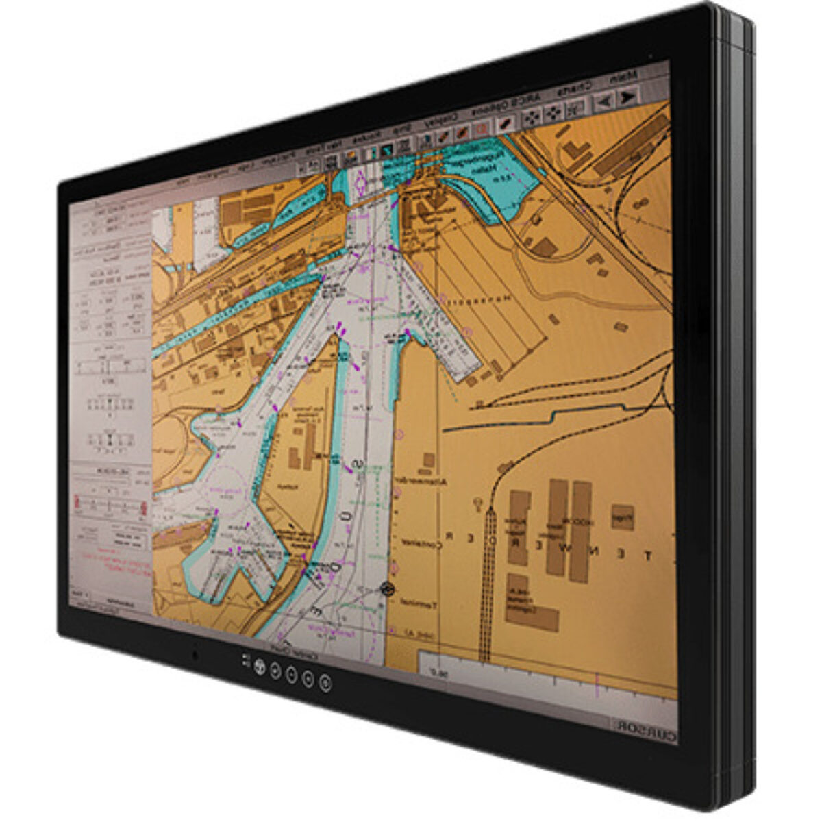Winmate M320TF-MR marine monitor, front view angled from the right with a nautical chart on screen