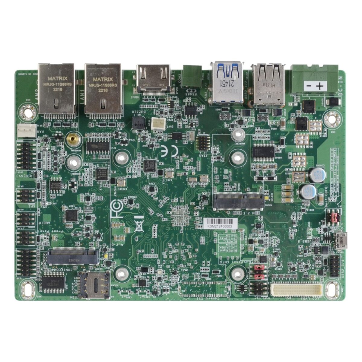 DFI M8MP553 3.5" SBC, top side with dual RJ45, HDMI, USB, terminal block DC-in, two M.2 slots, SIM slot and LVDS header