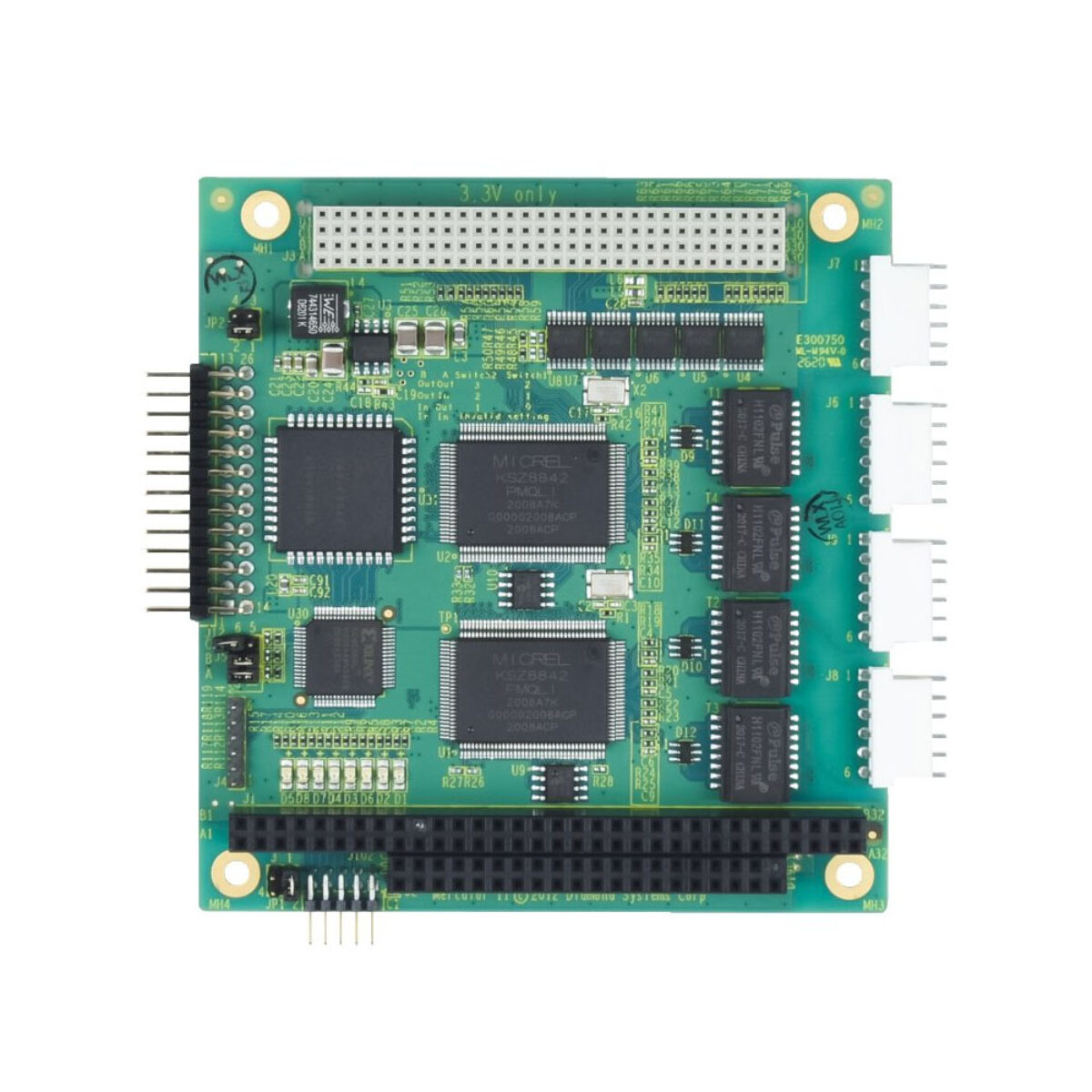 Diamond Systems MERCATOR-II PC/104-Plus Ethernet module, top view with four Ethernet connectors, PCI and ISA stack connectors