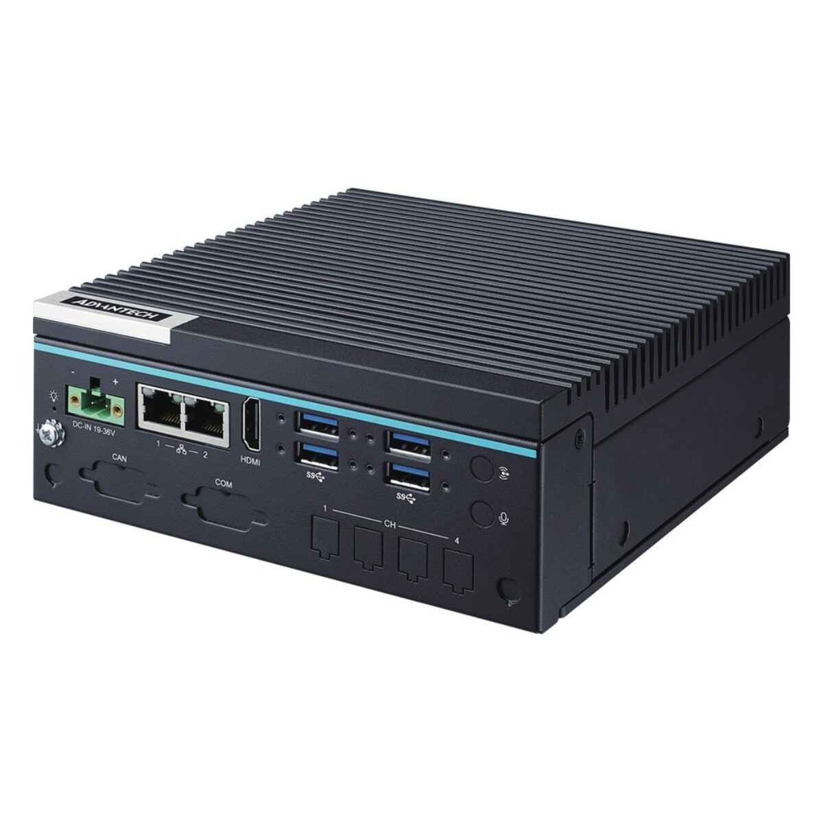 Advantech MIC-712 fanless Jetson Orin embedded computer, angled view with dual GbE, HDMI, four USB 3.2 ports and 19-36 V DC input