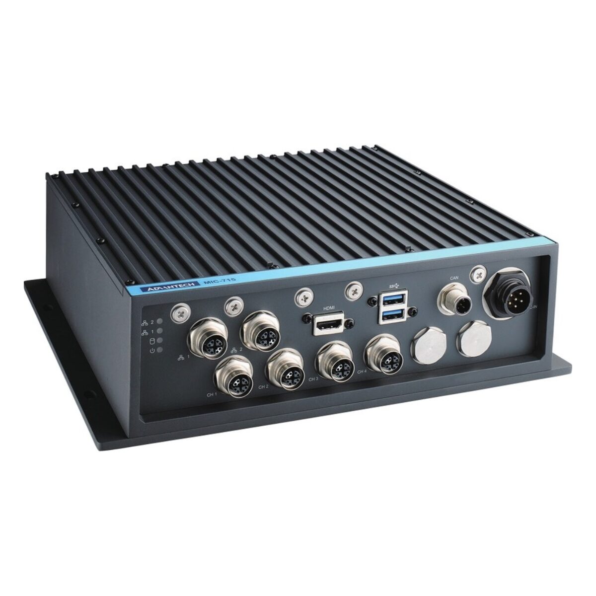 Advantech MIC-715-OX IP67 in-vehicle Jetson Orin NX computer, angled view with M12 LAN and PoE ports, HDMI, USB and M16 power input