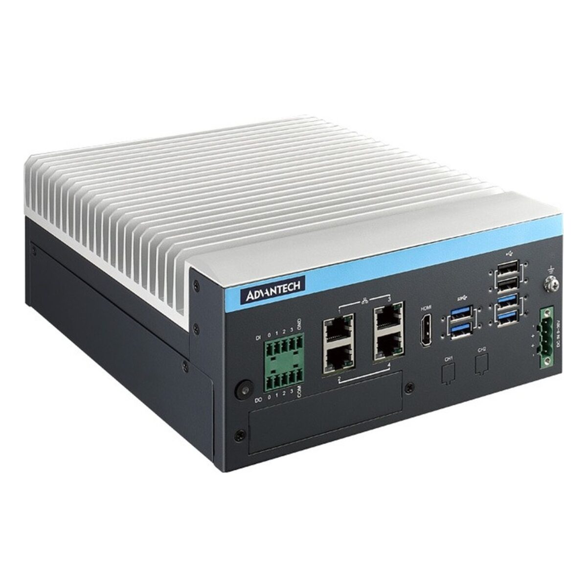 Advantech MIC-733-AO fanless Jetson AGX Orin computer, angled view with finned heatsink, four GbE, USB 3.2, HDMI and DIO terminal block