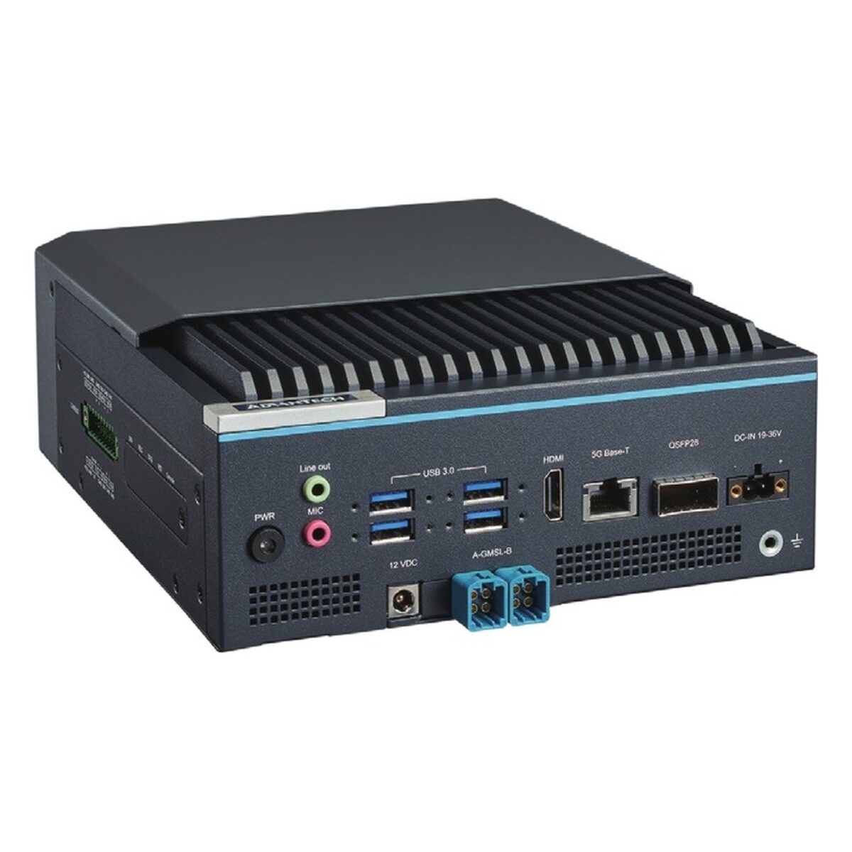 Advantech MIC-742-AT Jetson Thor industrial AI computer, front panel with QSFP28, 5GbE, HDMI, four USB 3.2, GMSL2 connectors and 19-36 V DC input