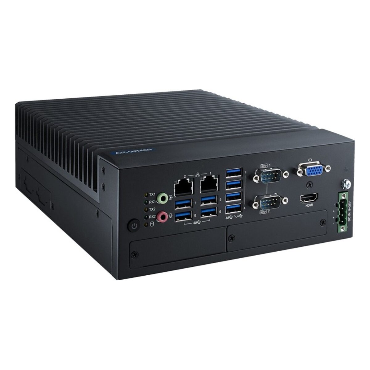 Advantech MIC-770 V3 rugged fanless PC for LGA1700 Intel Core processors, angled front view with dual GbE, USB, COM, VGA and HDMI