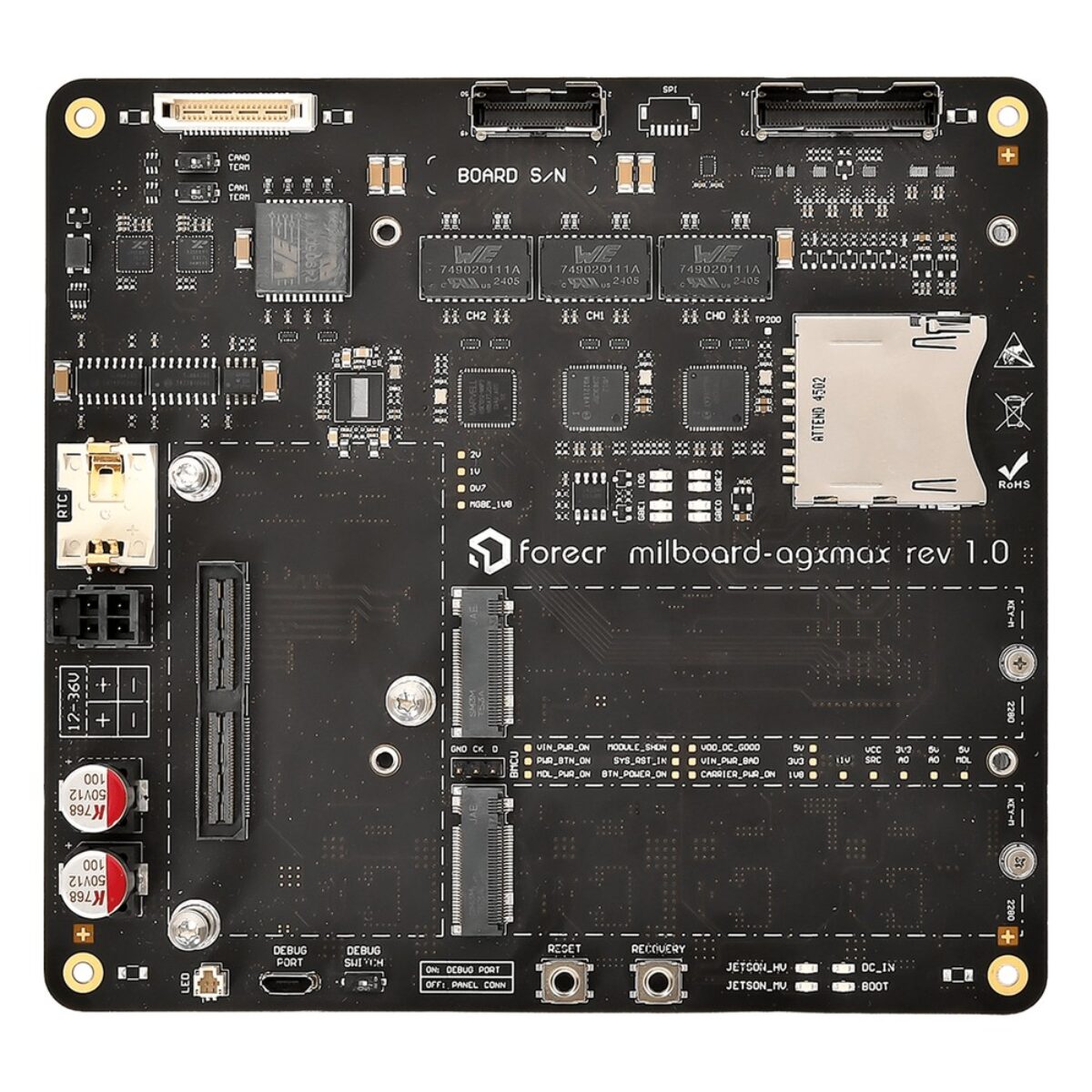 Forecr MILBOARD-AGXMAX military-grade carrier board, top view with dual M.2 Key-M slots, SD card slot and Samtec connectors