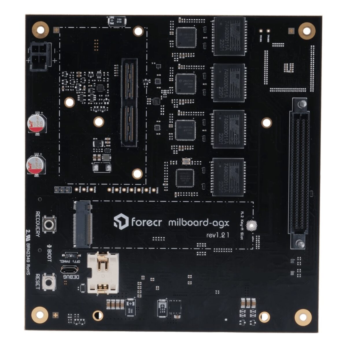 Forecr MILBOARD-AGX rugged carrier board, top view with the M.2 Key-M slot and Samtec high-speed connector