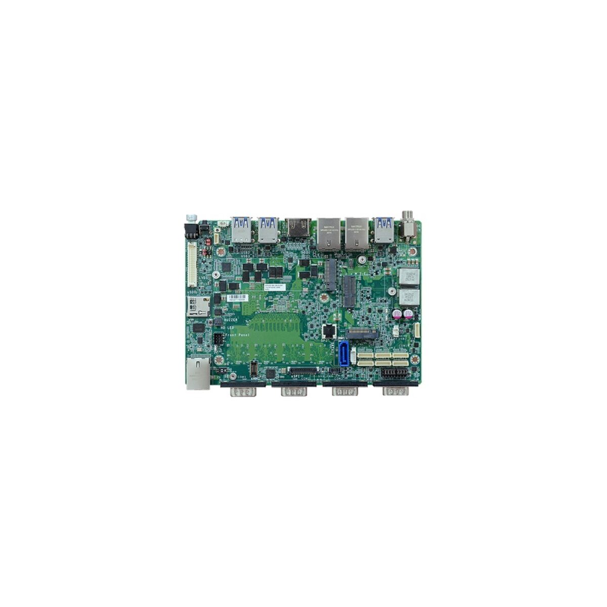 DFI MTH253 4" SBC, top view with four COM ports, two RJ45, USB, HDMI, M.2 slots and SATA connector