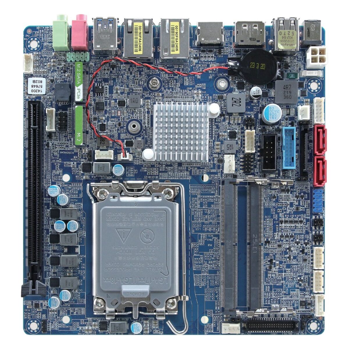 Avalue MX610HD Thin Mini-ITX motherboard, top side with LGA1700 socket, PCIe x16 slot, two SO-DIMM slots and M.2 slots