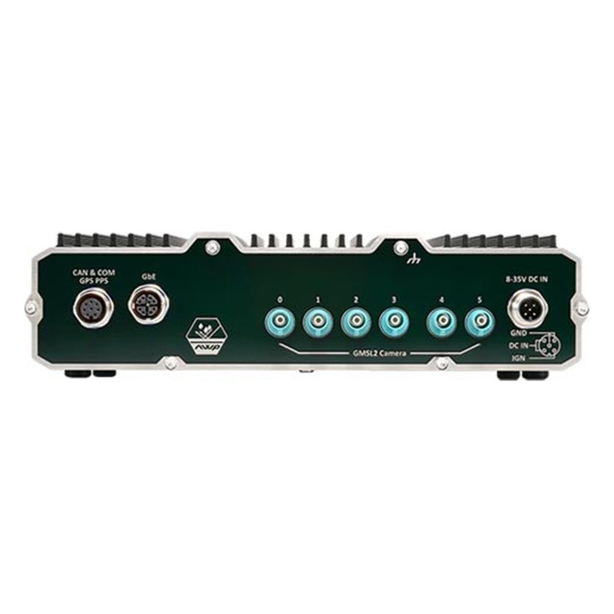 Neousys NRU-161V-AWP IP66 Jetson computer, front panel with six waterproof GMSL2 FAKRA Z camera inputs, M12 GbE, CAN and COM, and M12 8-35 V DC input