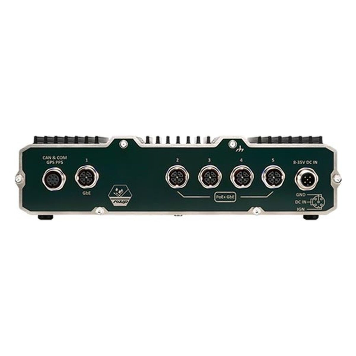 Neousys NRU-162S-AWP IP66 Jetson computer, front panel with four M12 X-coded PoE+ GbE ports, a fifth M12 GbE port, CAN and COM, and M12 DC input