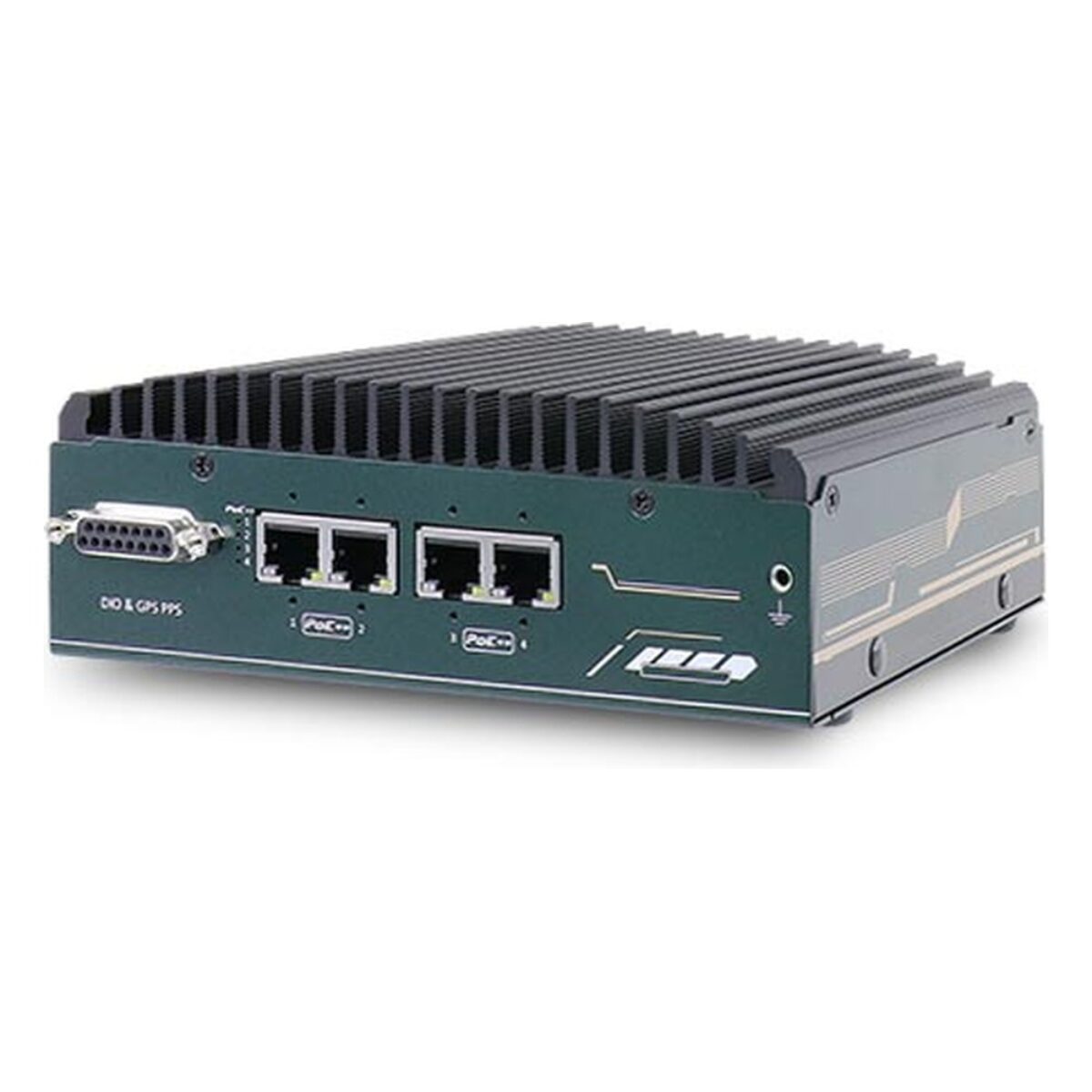 Neousys NRU-52S fanless Jetson computer, angled view with four PoE++ GbE ports and DB15 DIO and GPS PPS connector