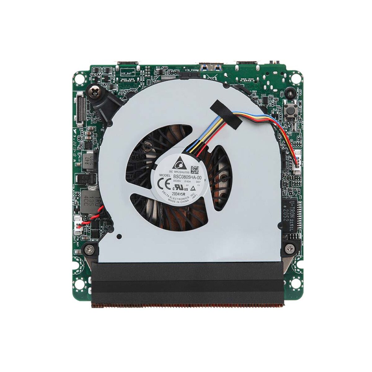 ASRock Industrial NUC 1300/D4 motherboard, underside with blower fan and heat pipe