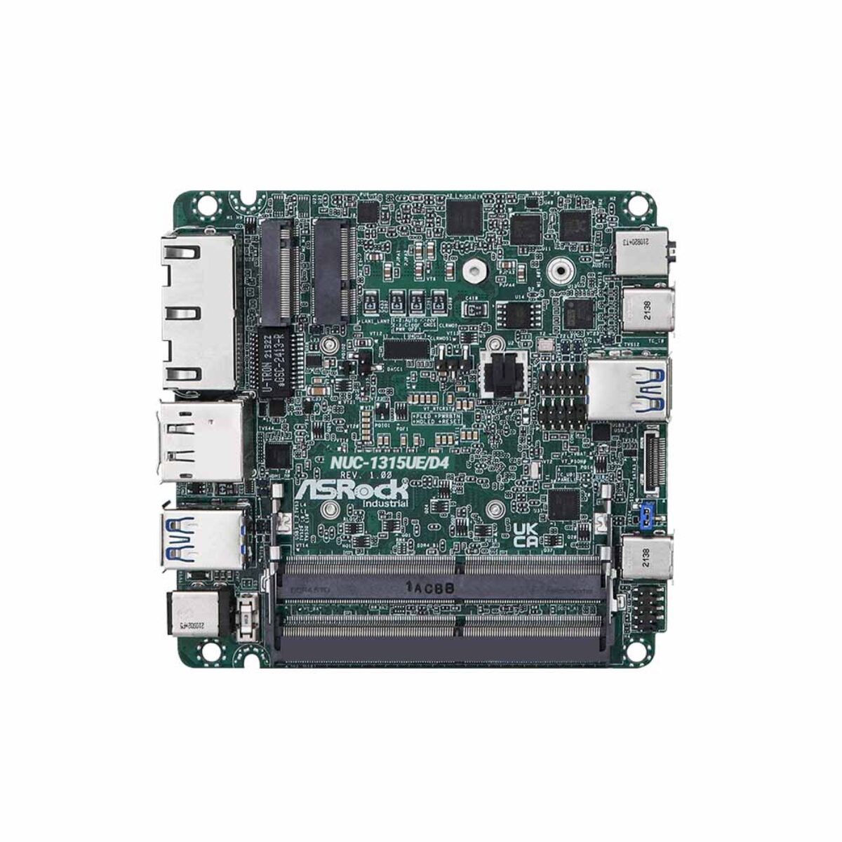 ASRock Industrial NUC 1300/D4 motherboard, top view with NUC-1315UE/D4 silkscreen