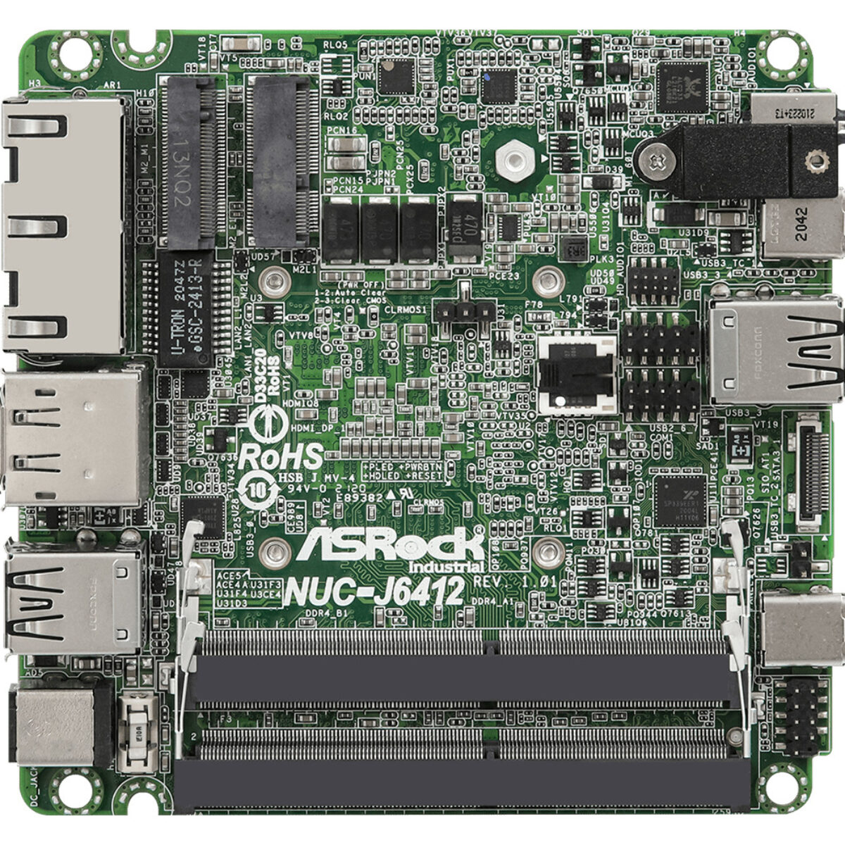 ASRock Industrial NUC-J6412 motherboard, top view with two SO-DIMM sockets and M.2 slots