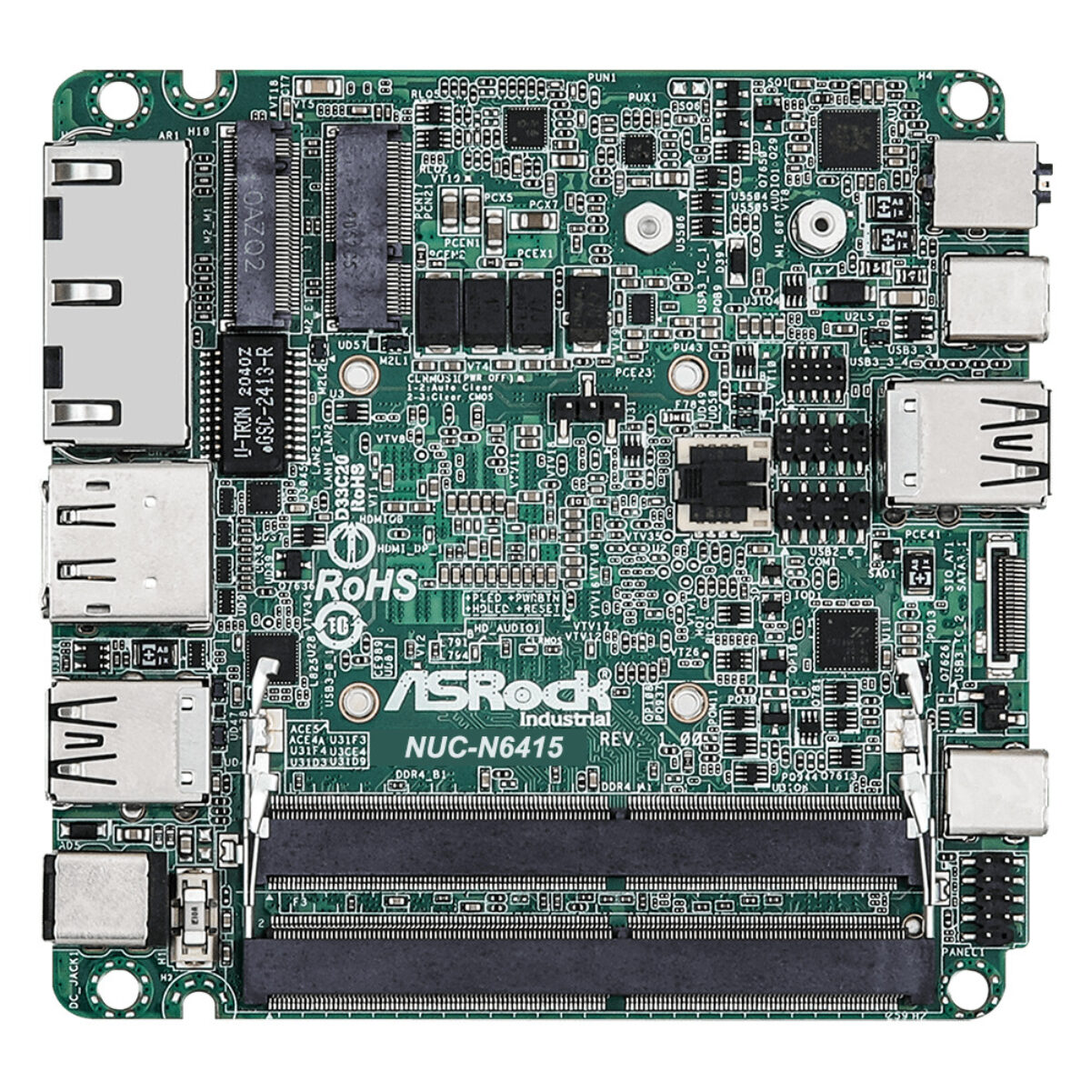 ASRock Industrial NUC-N6415 motherboard, top view with two SO-DIMM sockets and M.2 slots