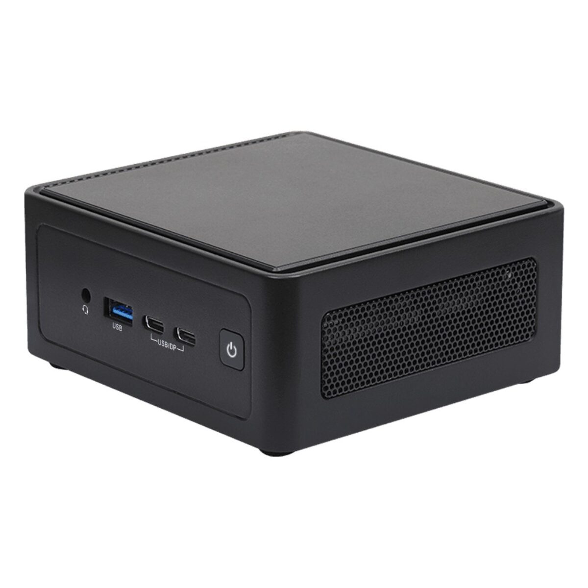 ASRock Industrial NUC BOX mini PC, angled front view with USB-A, USB-C and power button