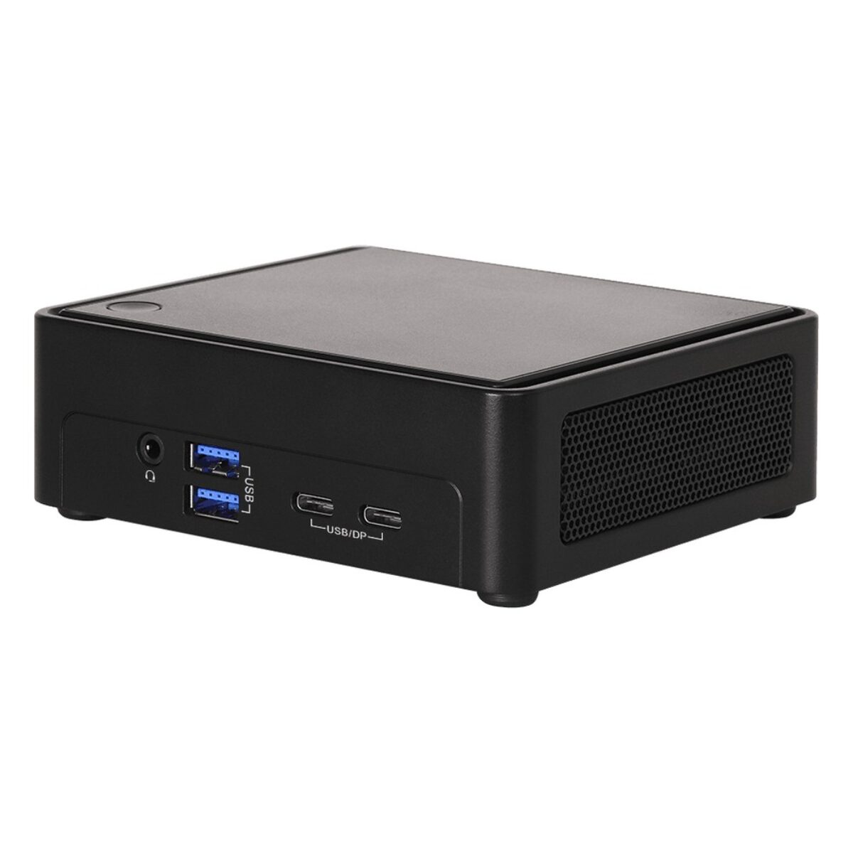 ASRock Industrial NUCS BOX slim NUC mini PC, angled front view with USB and USB-C ports