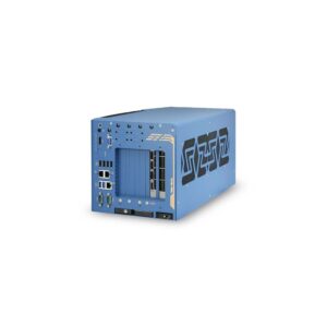 Neousys Nuvo-10108GC industrial PC with GPU, three-quarter view with VGA, DisplayPort, USB, LAN ports and vented side panel