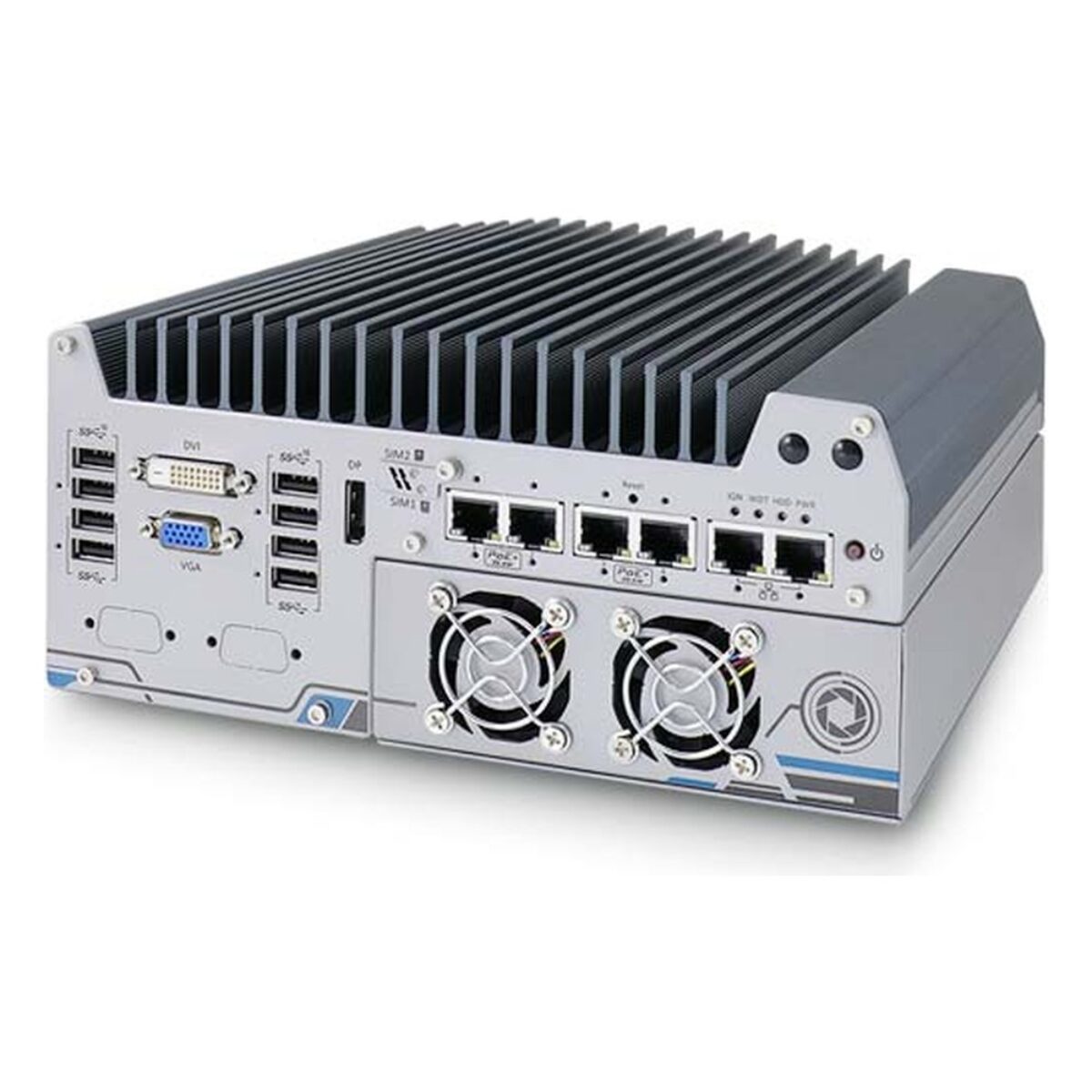 Neousys Nuvis-7306RT machine vision controller, angled view with front I/O, six GbE ports and the fan-cooled GPU cassette
