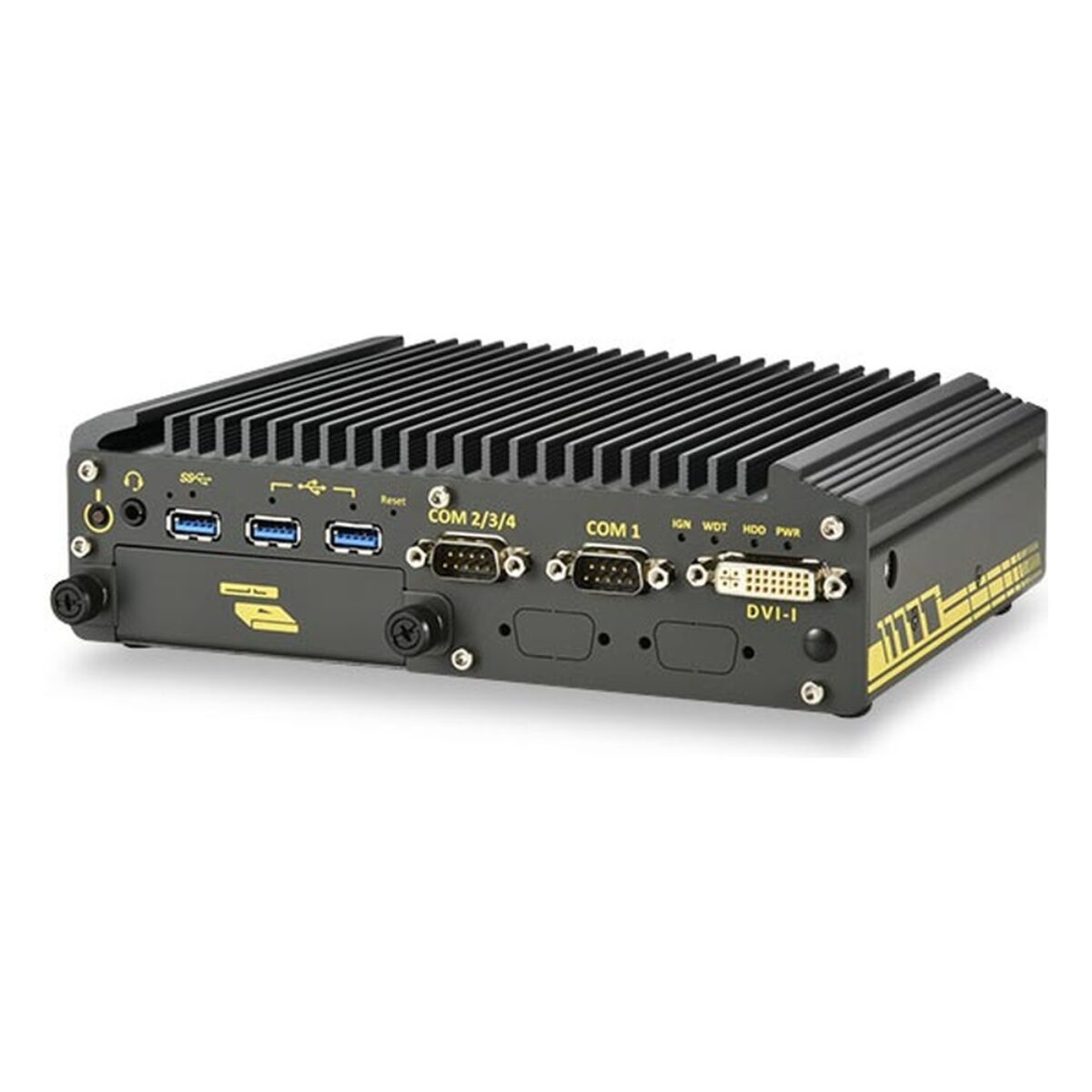Neousys Nuvo-2610VTC in-vehicle computer, I/O side with USB, COM ports, DVI-I output and front-accessible 2.5-inch drive tray