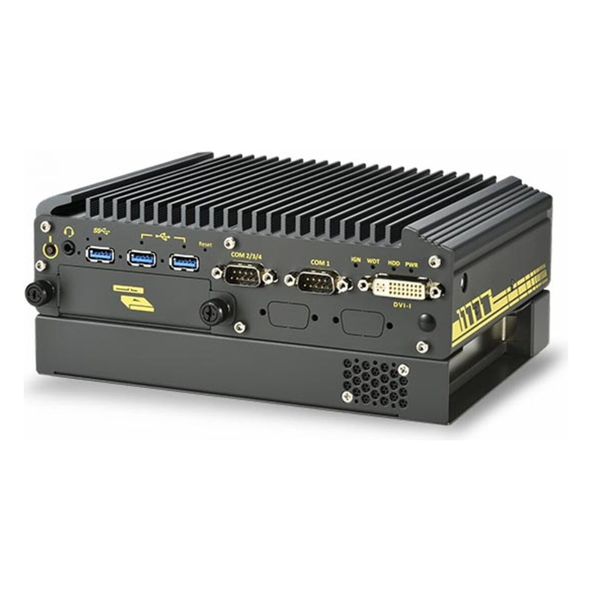 Neousys Nuvo-2611VTC or Nuvo-2612VTC in-vehicle computer with the taller lower section, I/O side with USB, COM, DVI-I and drive tray