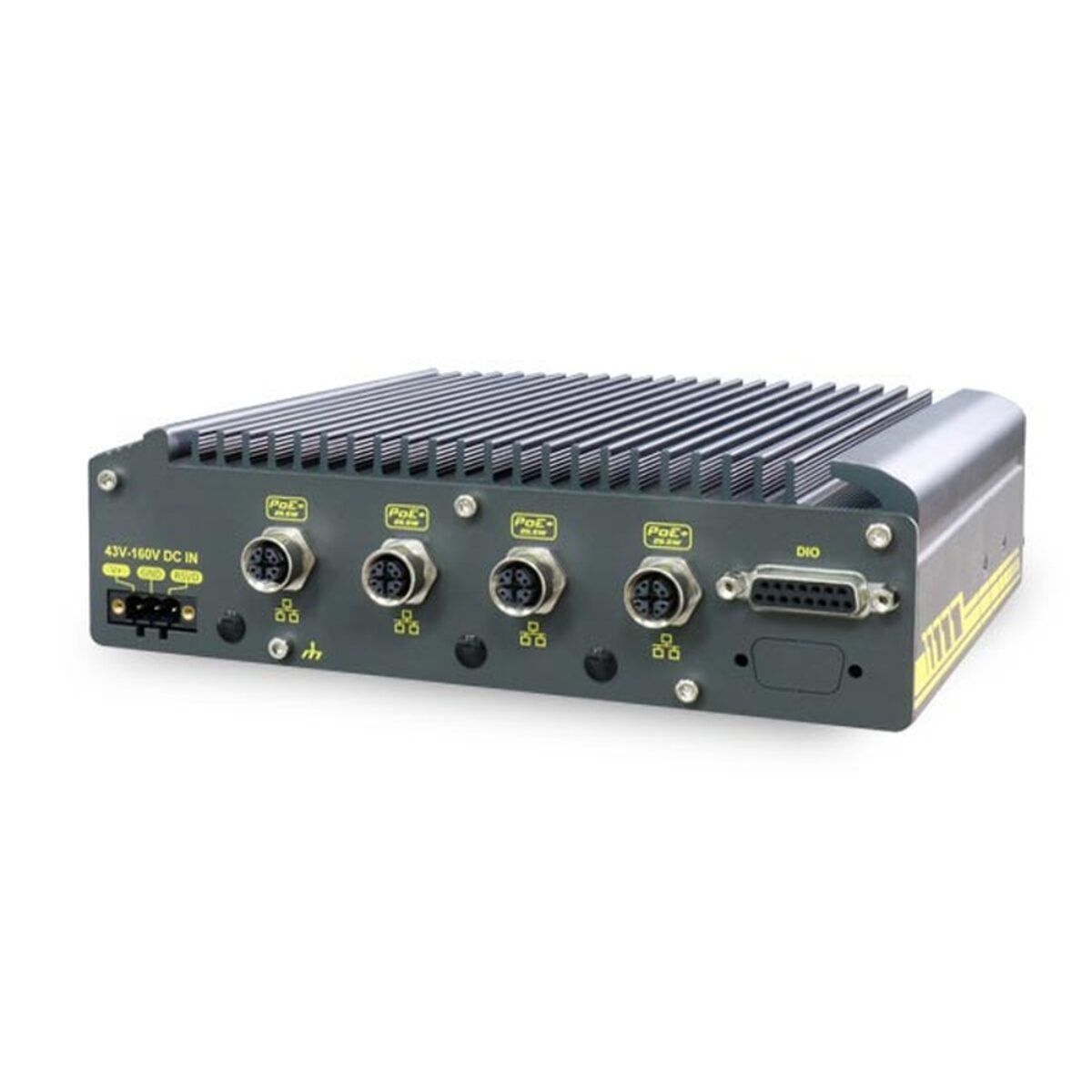 Neousys Nuvo-2615RL series railway computer, 58 mm unit M12 panel with 43-160 V DC input, four M12 PoE+ ports and DIO