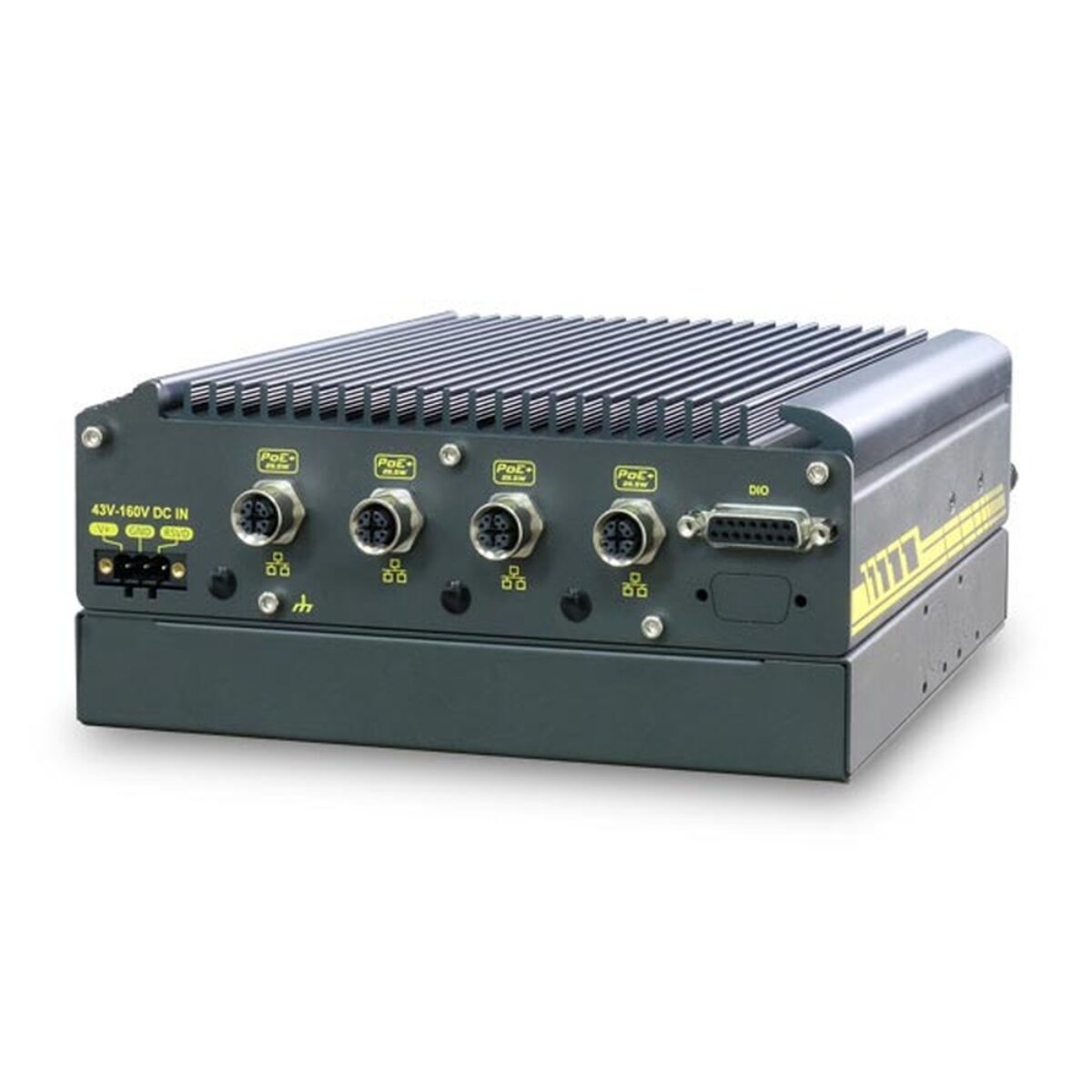Neousys Nuvo-2615RL railway computer with SuperCAP UPS housing, M12 panel with DC input, four PoE+ ports and DIO