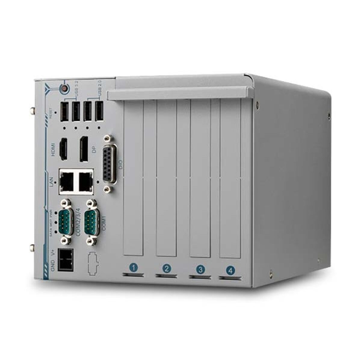 Neousys Nuvo-2822 expansion box PC, three-quarter view with USB, HDMI, DisplayPort, dual GbE, DIO, COM ports and slot covers
