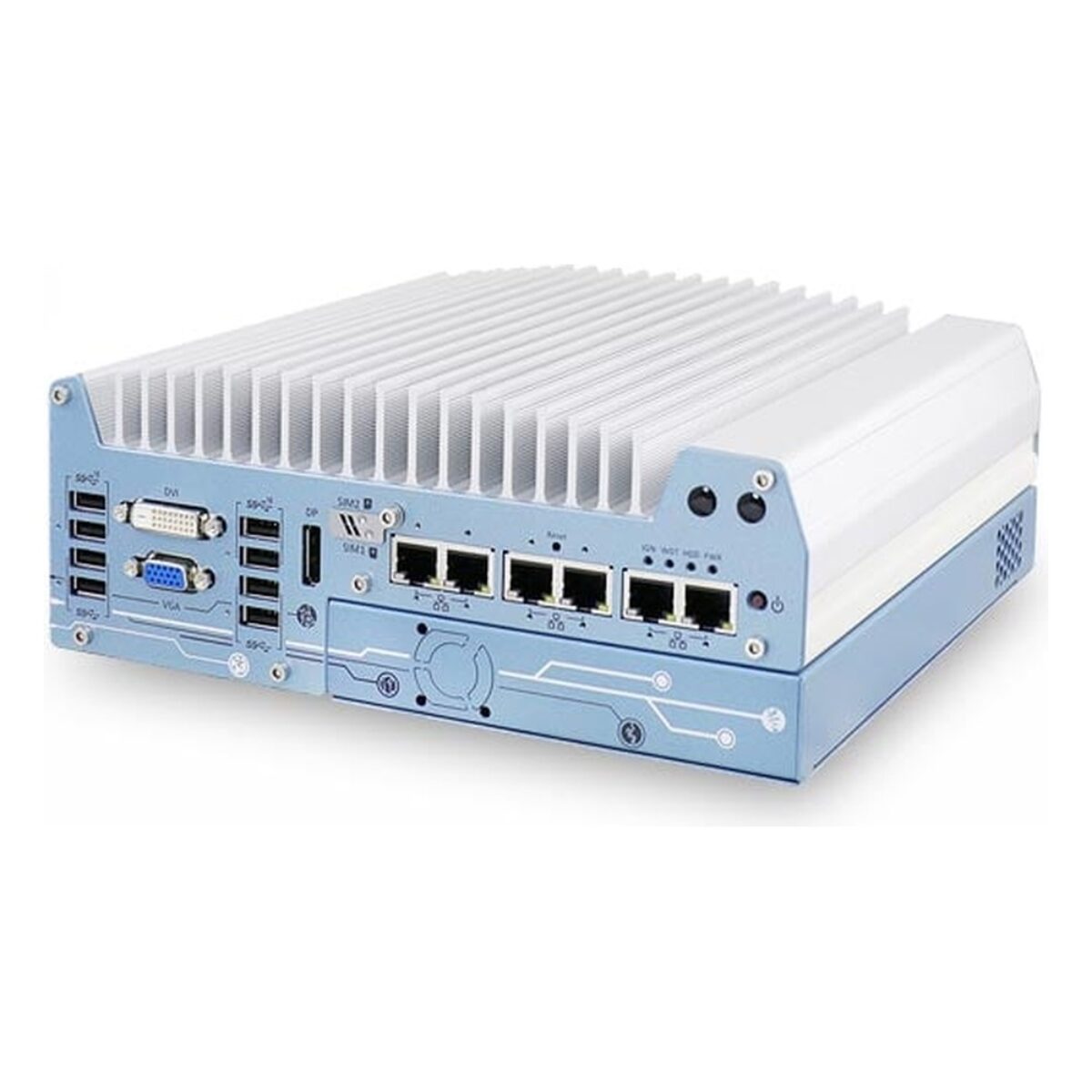 Neousys Nuvo-7000E/P series fanless computer, angled view with finned heatsink, front I/O and single-slot cassette (6-port version shown)