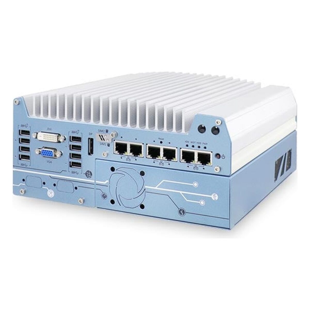 Neousys Nuvo-7000DE series fanless computer, angled view of the taller chassis with dual-slot PCIe cassette (6-port version shown)