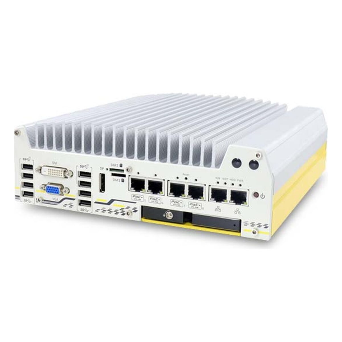 Neousys Nuvo-7100VTC series in-vehicle computer, angled view with USB 3.1, DVI-D, VGA, DisplayPort, GbE and PoE+ ports and the hot-swap drive tray