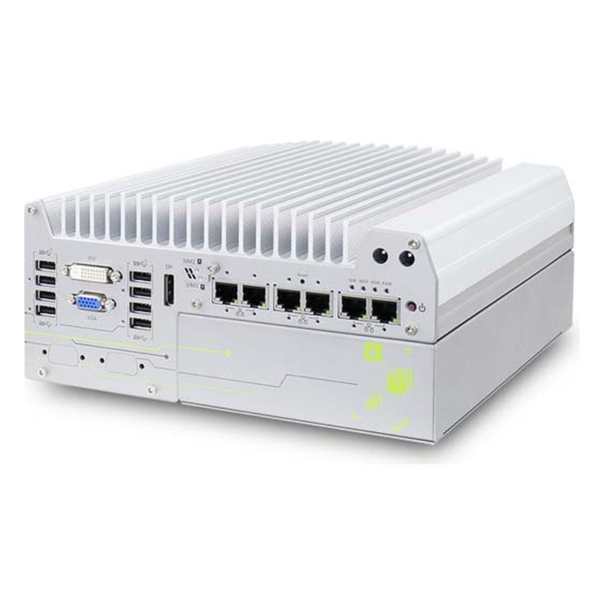 Neousys Nuvo-7162GC GPU computer for the NVIDIA Quadro P2200, angled view with front I/O and six GbE ports