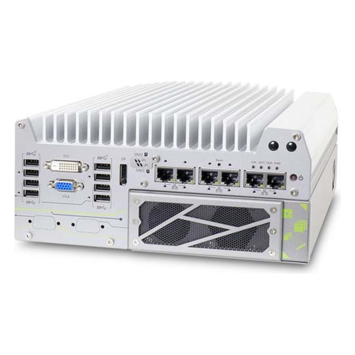 Neousys Nuvo-7166GC GPU computer, angled view with front I/O, six GbE ports and the vented dual-slot cassette