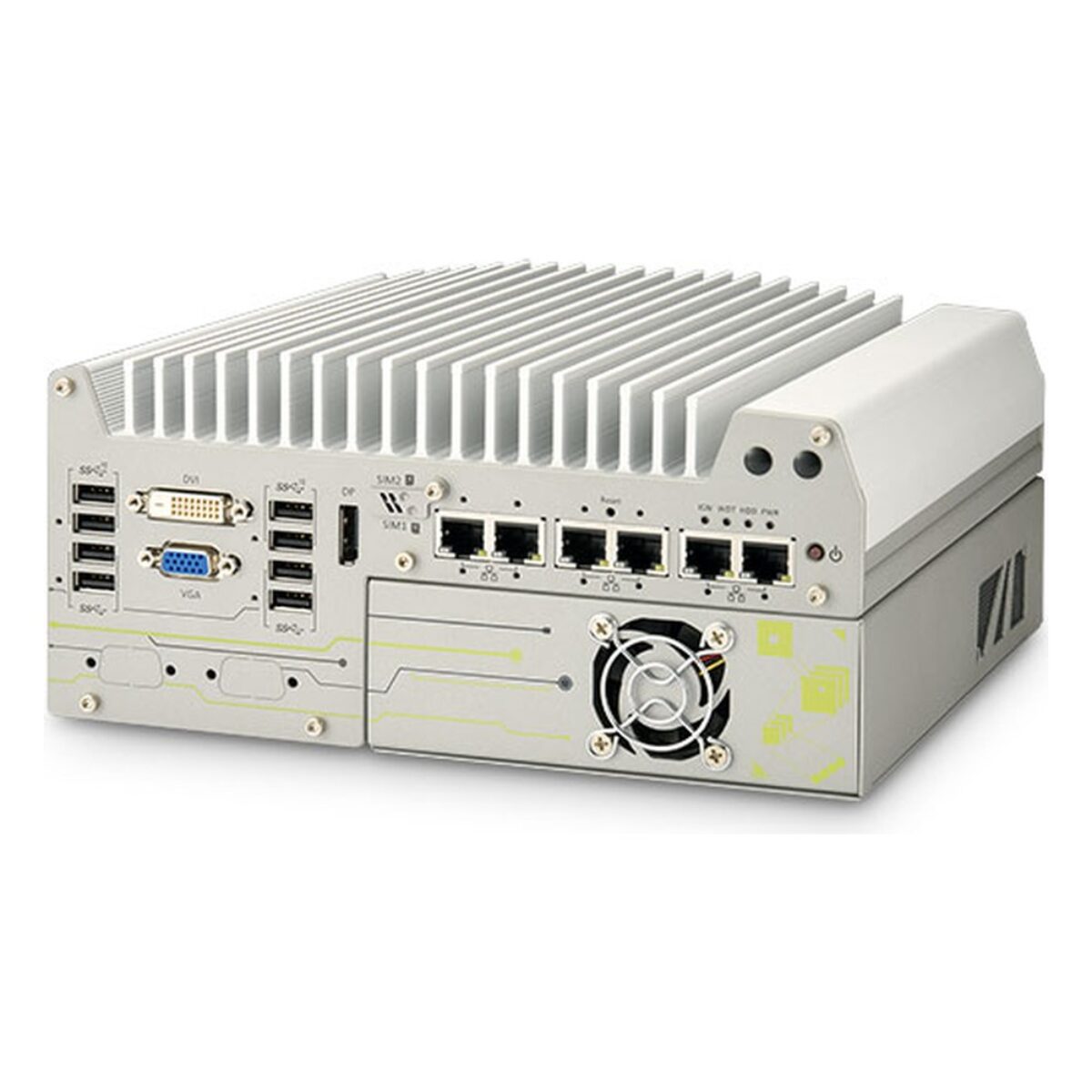 Neousys Nuvo-7168GC GPU computer for the NVIDIA RTX A2000, angled view with front I/O and the fan-cooled GPU cassette