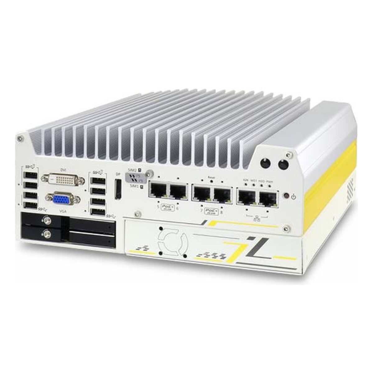 Neousys Nuvo-7200VTC series in-vehicle controller, angled view with front I/O, PoE+ ports and the two hot-swap drive trays