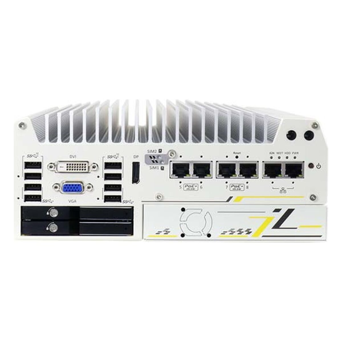 Neousys Nuvo-7250VTC series mobile NVR, angled view with front I/O, eight PoE+ ports and the two hot-swap drive trays