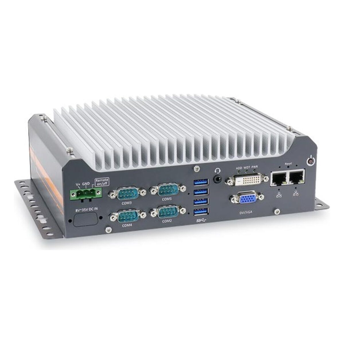 Neousys Nuvo-7501 series fanless computer, angled view with DC terminal block, four DB9 COM ports, USB 3.1, DVI-D, VGA and two GbE ports