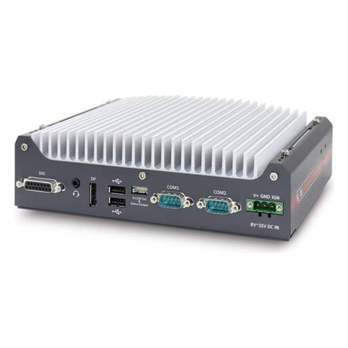 Neousys Nuvo-7531 fanless computer, angled view of the DIO connector, USB 2.0, COM ports and DC terminal block side