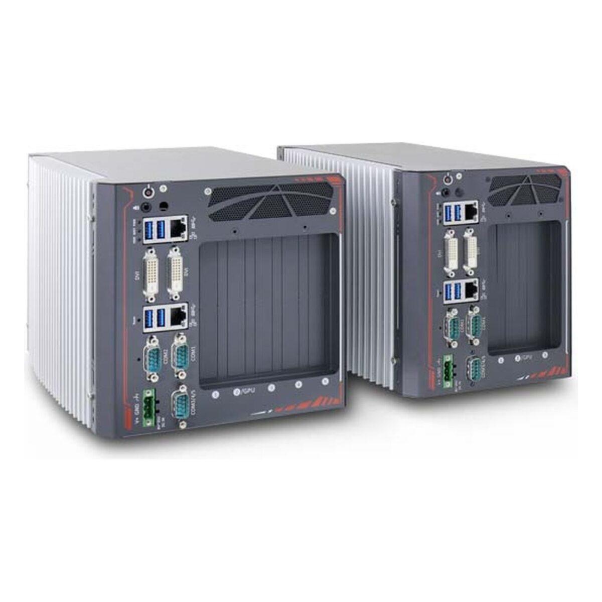 Neousys Nuvo-8000 series fanless expansion box PCs, angled view of the narrow Nuvo-8003 and wider Nuvo-8023/8032/8041 chassis