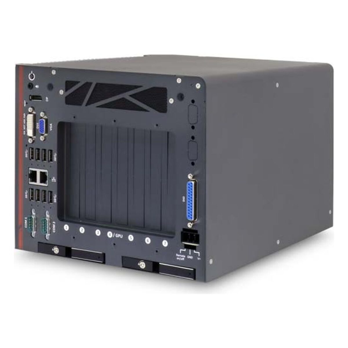 Neousys Nuvo-8034 expandable industrial PC, angled view with front I/O, seven expansion slot covers and DIO connector