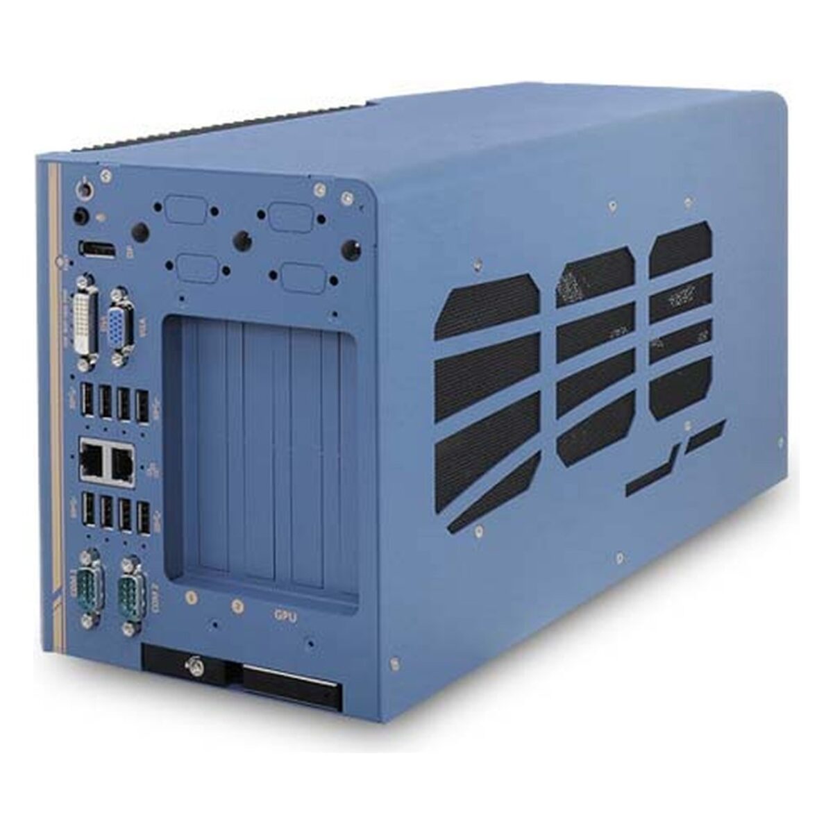 Neousys Nuvo-8108GC GPU edge computer, angled view with front I/O, four PCIe slot covers and vented GPU tunnel
