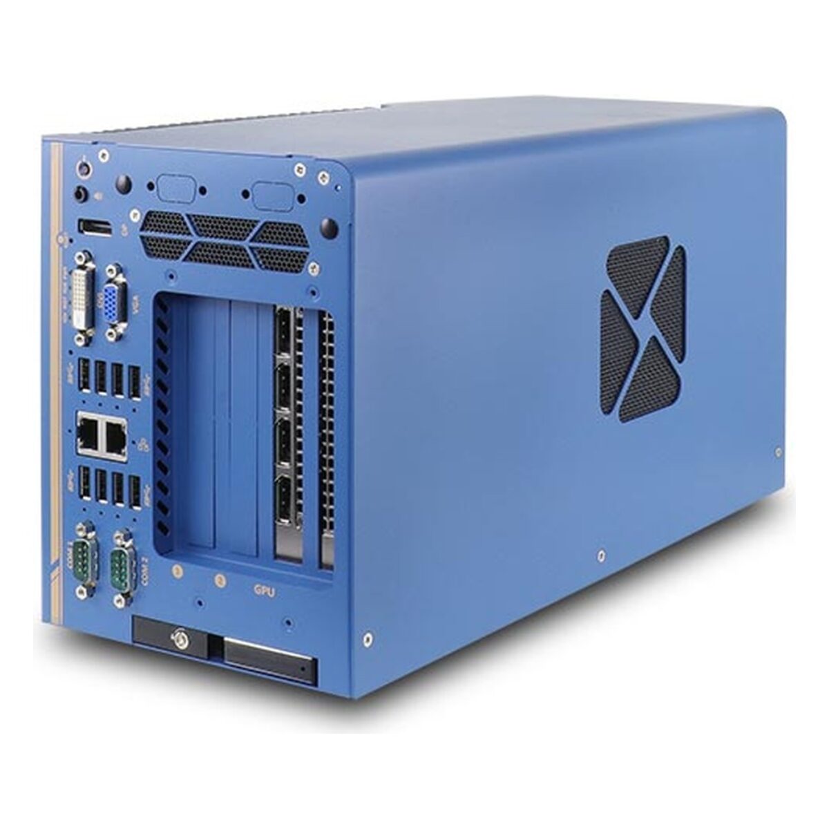 Neousys Nuvo-8108GC-QD GPU edge computer, angled view with an NVIDIA RTX GPU in the expansion slots